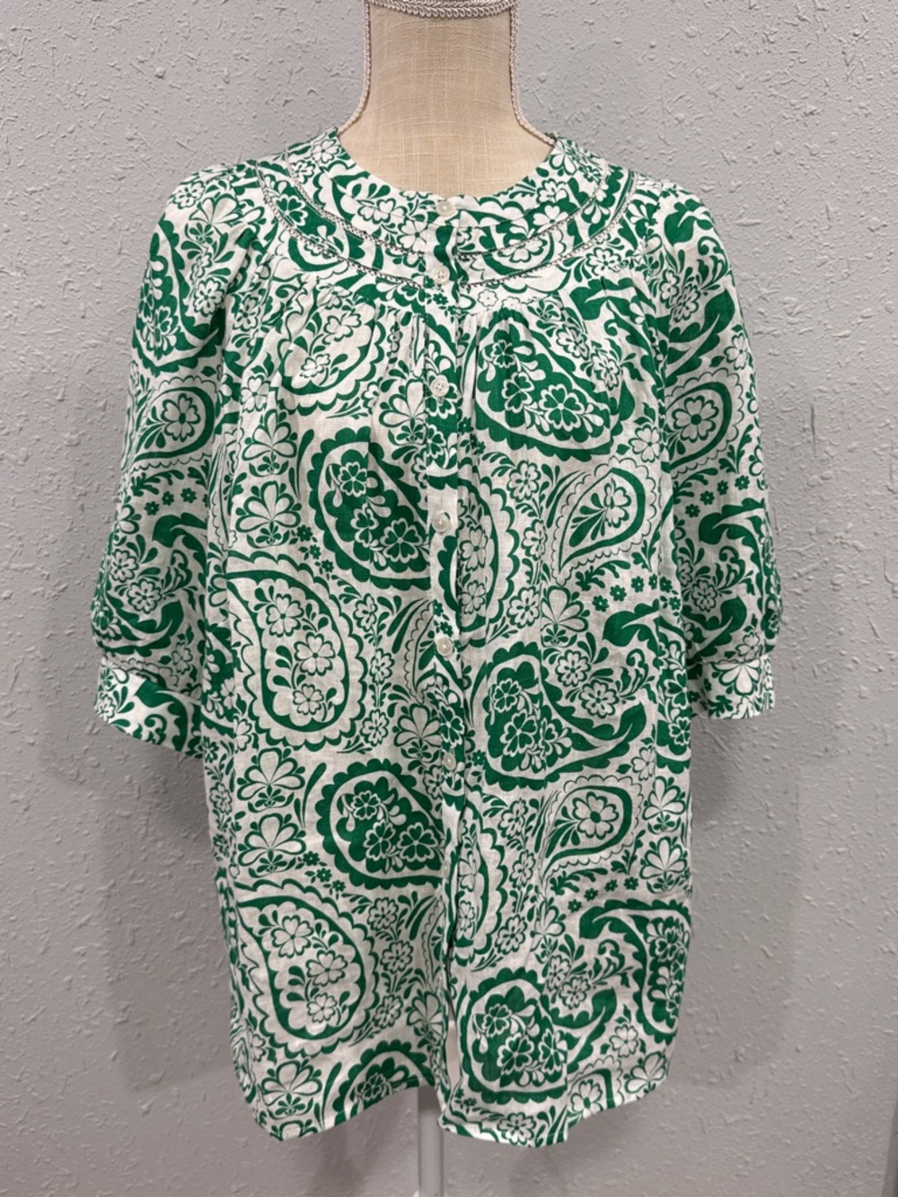Boden Green Bea 100% Linen Paisley Top